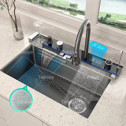 Stainless Steel Kitchen Sink With Waterfall Single Bowl Digital Display Extra Large Slot Multifunctional Washing Sinks
