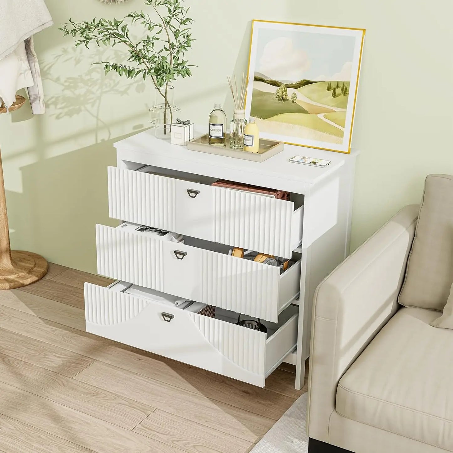 Moderne Witte Houten Ladekast met 6 Lades – Opbergkast met Metalen Handgrepen & Kantelbeveiliging – Geschikt voor Slaapkamer of Woonkamer