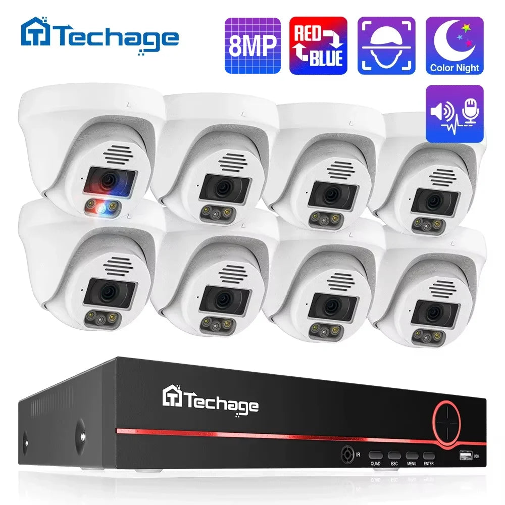 Techage Ultra HD 8MP 4K POE Security Camera System Two Way Audio Face Detect Full Color Night H.265 CCTV Video Surveillance Set - QUORE