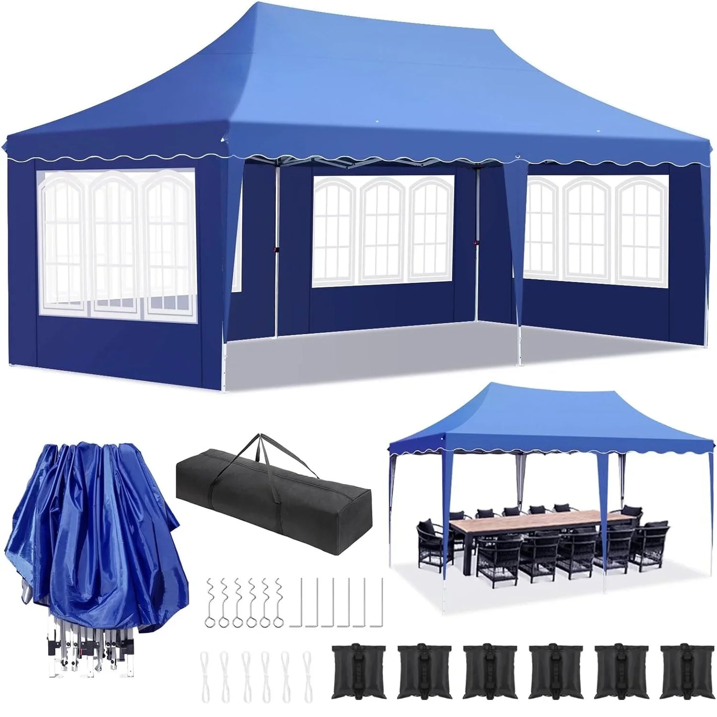Partytent - Partytenten - Tuinpaviljoen - Paviljoen - Easy up Partytent - 3x6m - Waterdicht - met Zijwanden - UV50+ Bescherming en Zandzakken – In Hoogte Verstelbaar - Tent - Blauw