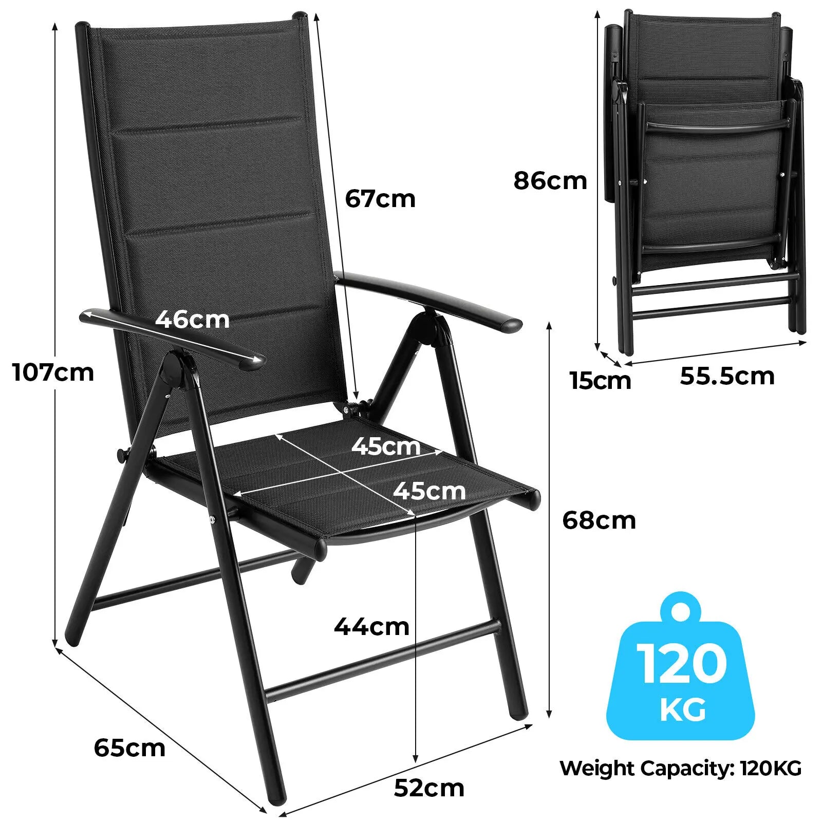 Inklapbare Tuinstoelen – Vouwstoelen – Balkonstoelen – Campingstoelen – Barbecue Stoelen – 7-Posities Verstelbare Rugleuning – Lichtgewicht Aluminium Frame - Zwart - QUORE