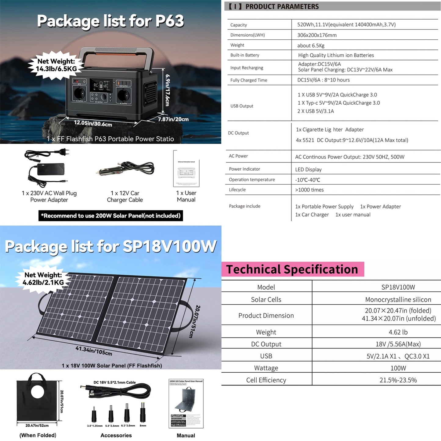 Draagbare Powerstation – Mobiele Accu – Noodstroom – met Zonnepannel - Zakelijke Energie – 520Wh Capaciteit – Zuivere Sinusgolf AC – Meerdere Aansluitingen