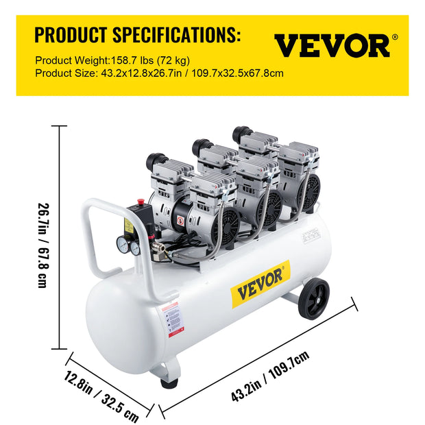 Vevor - Silent Compressor - Low Noise Compressor - Air Compressor - 100L 2.2KW - with Twin Pressure Gauge Safe Solenoid Valve 3PK 22 Gallon