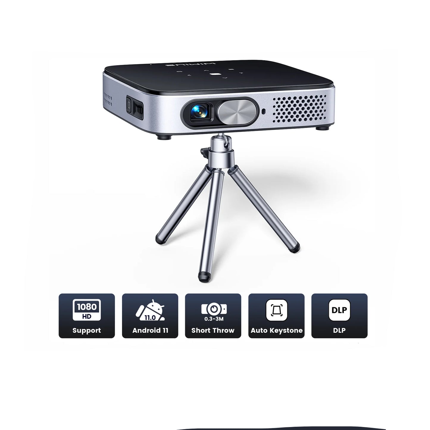 Beamer - Projector - Mini DLP Projector - Oplaadbaar - Android 11.0 - Ultra Short Throw – WIFI & Bluetooth – FHD 1080P Ondersteuning – EU Plug – Zilveren Afwerking