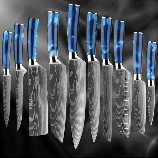 Kitchen Knives - Knife set - Chef Knife - Knives - Kitchen Knife - Japanese Damascus Pattern - Chef's Knife Set - Stainless Steel - Ultra Sharp Blade - Knives for the Chef's Gift - With Blue Handle