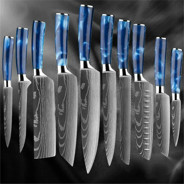 Keukenmessen - Knife set - Chef Knife - Knives - Kitchen Knife - Japans Damascus-patroon - Chef-Koksmessenset - Roestvrij Staal - Ultrascherp Lemmet - Messen voor het Cadeau van de Chef-Kok - Met blauwe handgreep