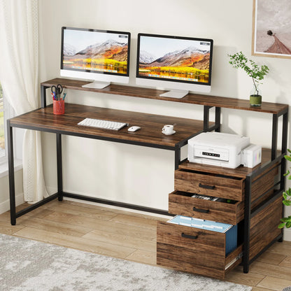 Computerbureau – Bureau – Werkplek – Bureau Met Opbergruimte – Ergonomisch – Berkenhout Met Metalen Frame – Verhoogde Monitorstandaard - 160 x 50 x 90 cm - Bruin - QUORE