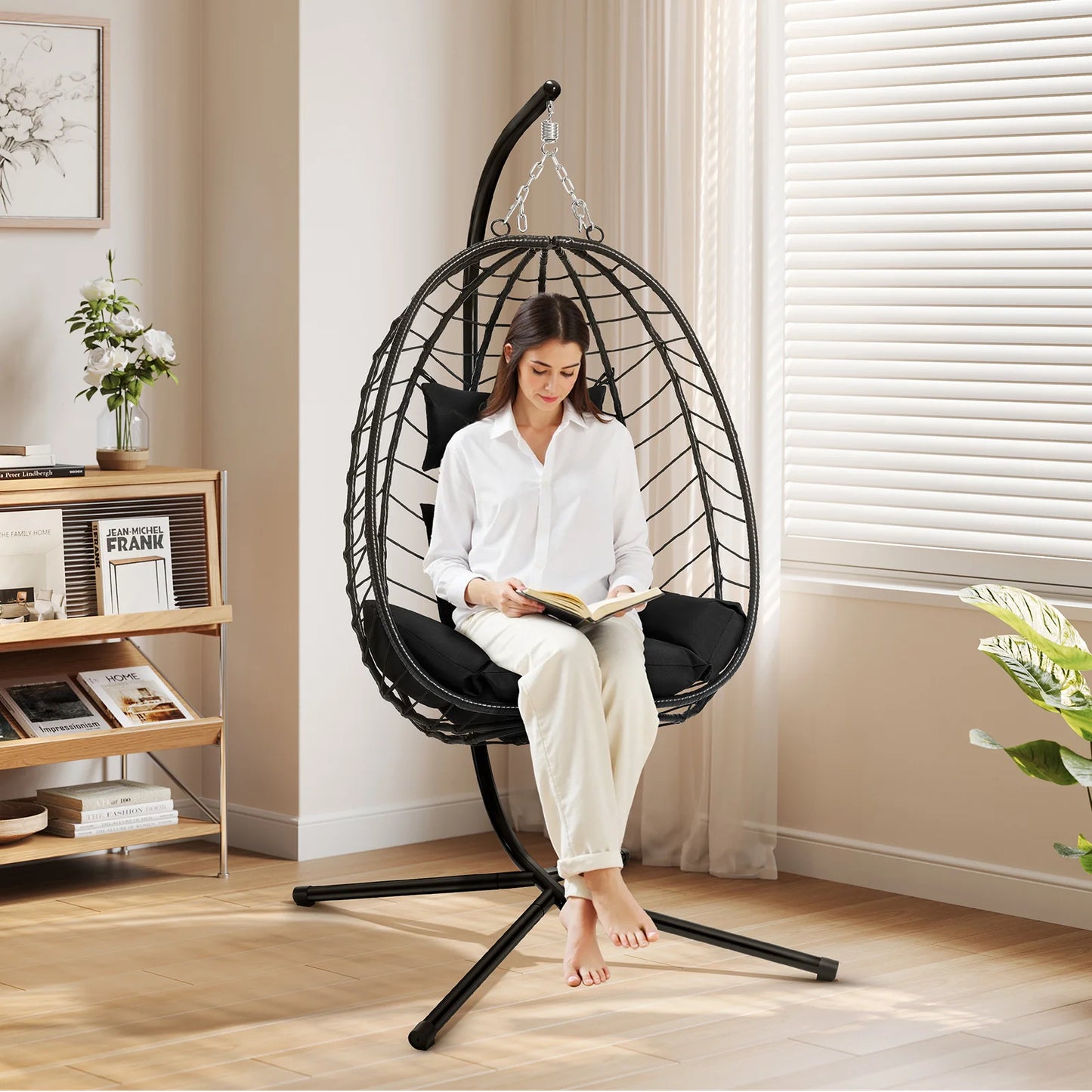 Schommelstoel - Hangende Ei-stoelen - Hangmat -Headrest - met Metalen Standaard - Zitkussen - Draagvermogen 150 kg - voor Tuin - Balkon - Terrasdecoratie - 102 x 100 x 196 cm - Antraciet - QUORE