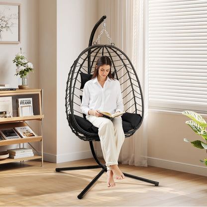 Schommelstoel - Hangende Ei-stoelen - Hangmat -Headrest - met Metalen Standaard - Zitkussen - Draagvermogen 150 kg - voor Tuin - Balkon - Terrasdecoratie - 102 x 100 x 196 cm - Antraciet - QUORE