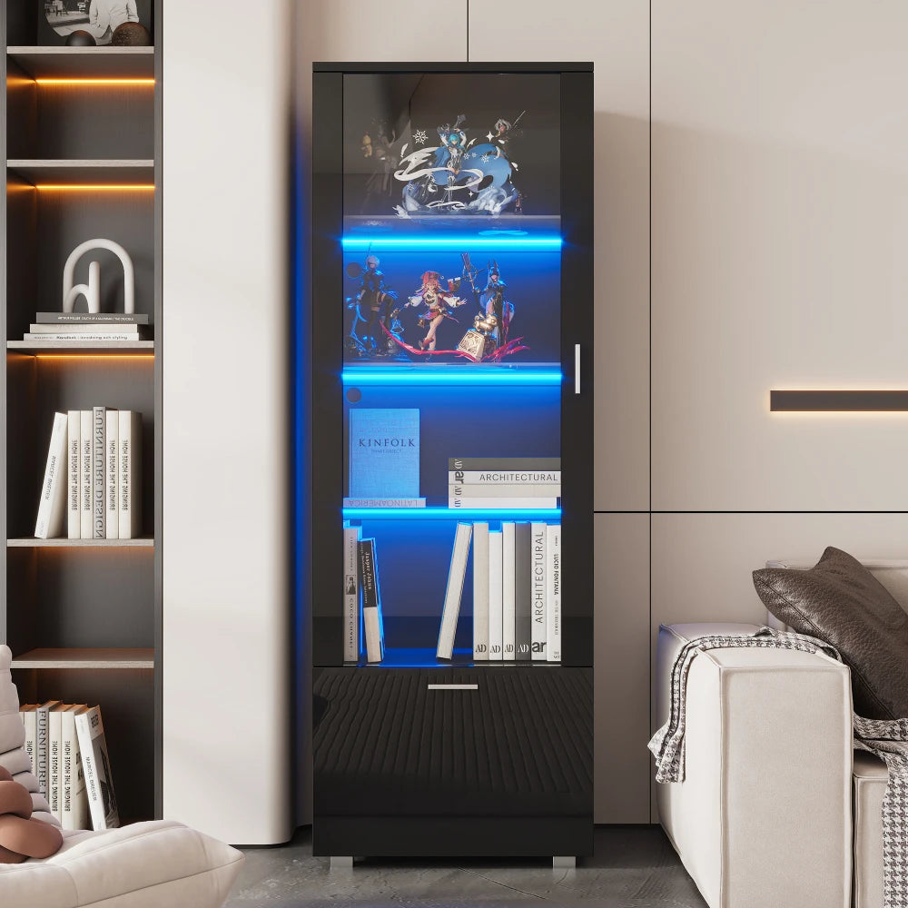 Vitrinekast Zwart – Vitrinekast Hoogglans – Showkast – Glasvitrine – Opbergkast – LED-Verlichting – Gehard Glas Planken