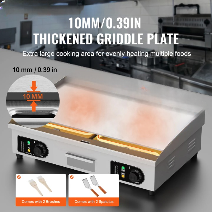 Elektrische Grillplaat - Grillplaat - Teppanyaki Grill - voor Horeca - Thuisgebruik - Ruim Bakoppervlak - 50-300°C Temperatuurregeling - AC 220-240V - 50Hz - 2800W - 18 inch - RVS - Zilver