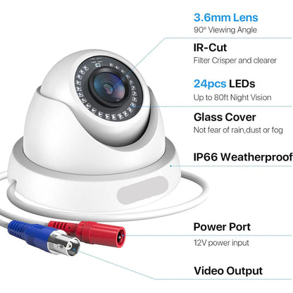 Beveiligingscamerasysteem - CCTV Camerasysteem - 2MP HD - 1080P Camera - Openlucht- IP66 Waterdichte - Bewakingscamera - Beveiligingscamera - Dome CCTV Camera Set voor Binnen en Buiten – Compatibel met HD-TVI en DVR Systeem - 4 Stuks - Wit - QUORE
