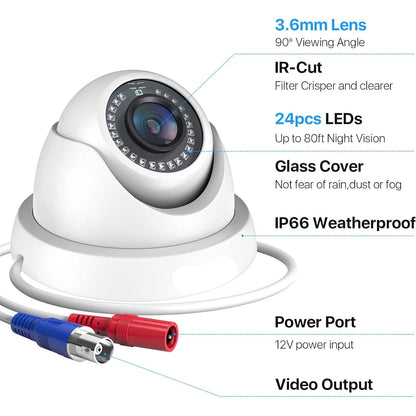 Beveiligingscamerasysteem - CCTV Camerasysteem - 2MP HD - 1080P Camera - Openlucht- IP66 Waterdichte - Bewakingscamera - Beveiligingscamera - Dome CCTV Camera Set voor Binnen en Buiten – Compatibel met HD-TVI en DVR Systeem - 4 Stuks - Zwart - QUORE