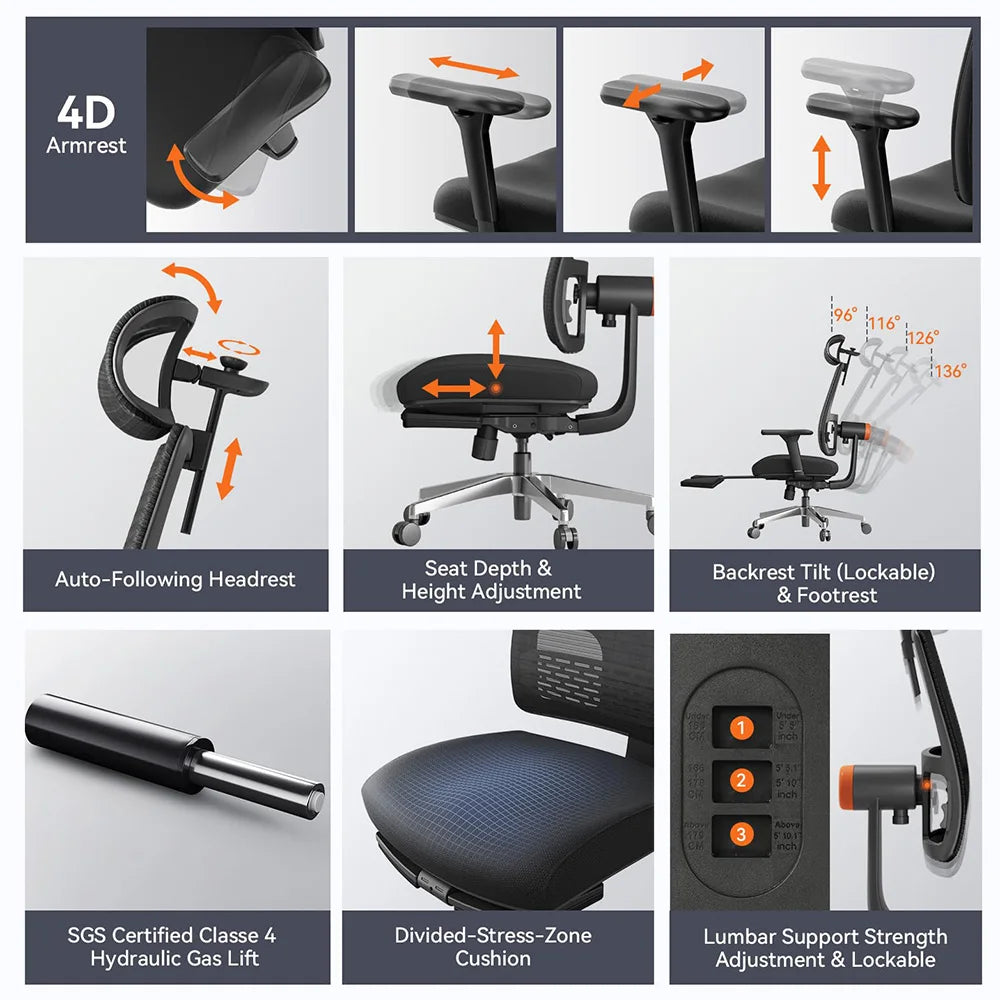 Ergonomische Bureaustoel - Gaming Stoel - Stoelen - Bureaustoelen - met Voetsteun - Auto-Volgende Rug -en Hoofdsteun - 4D Armleuningen - Verstelbare Lendensteun - Voor Thuiswerk & Kantoor - Zwart