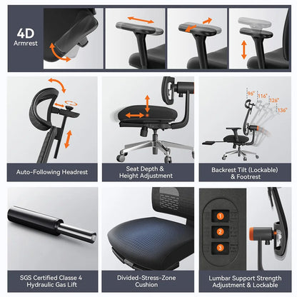 Ergonomische Bureaustoel - Gaming Stoel - Stoelen - Bureaustoelen - met Voetsteun - Auto-Volgende Rug -en Hoofdsteun - 4D Armleuningen - Verstelbare Lendensteun - Voor Thuiswerk & Kantoor - Zilver