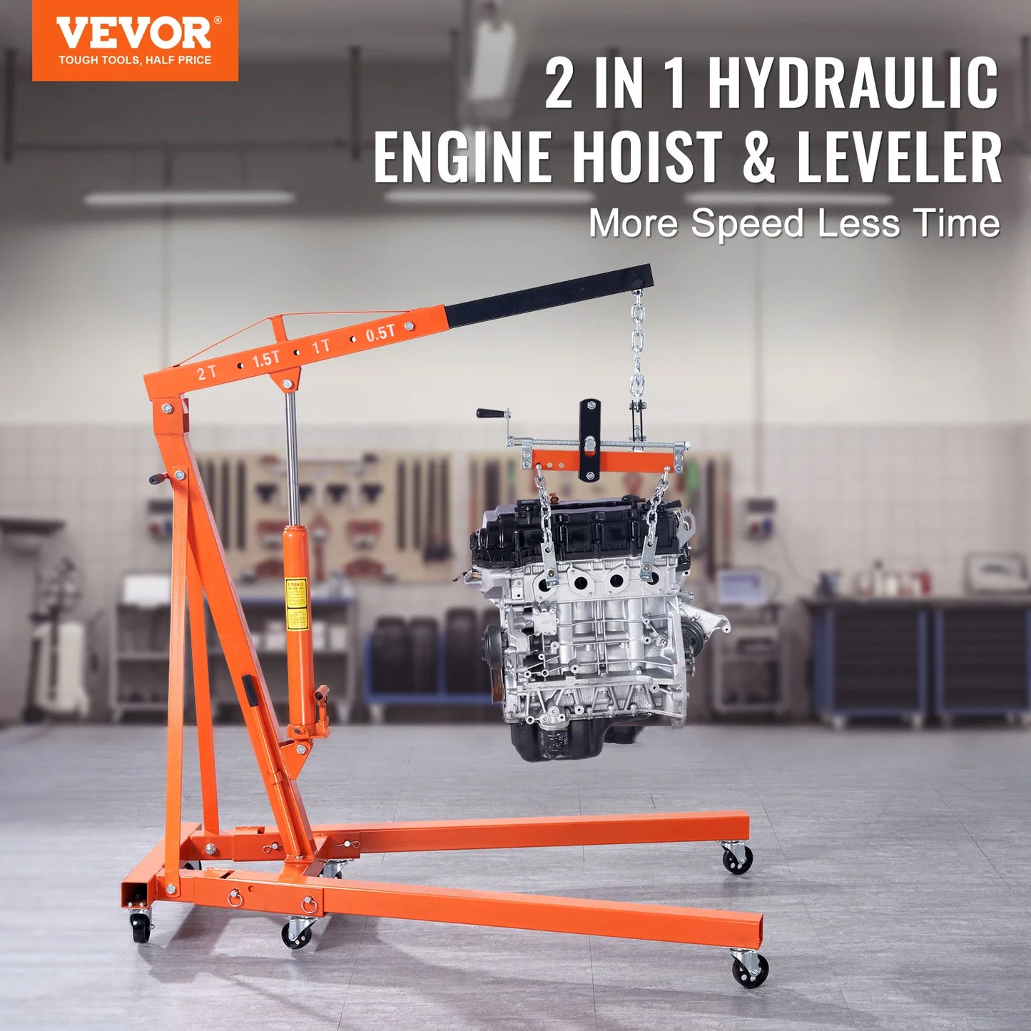 VEVOR Hydraulic Engine Hoist with Lever 2 Ton/4400 LBS Foldable Engine Crane and Engine Hoist Leveler for Auto Repair, Loading