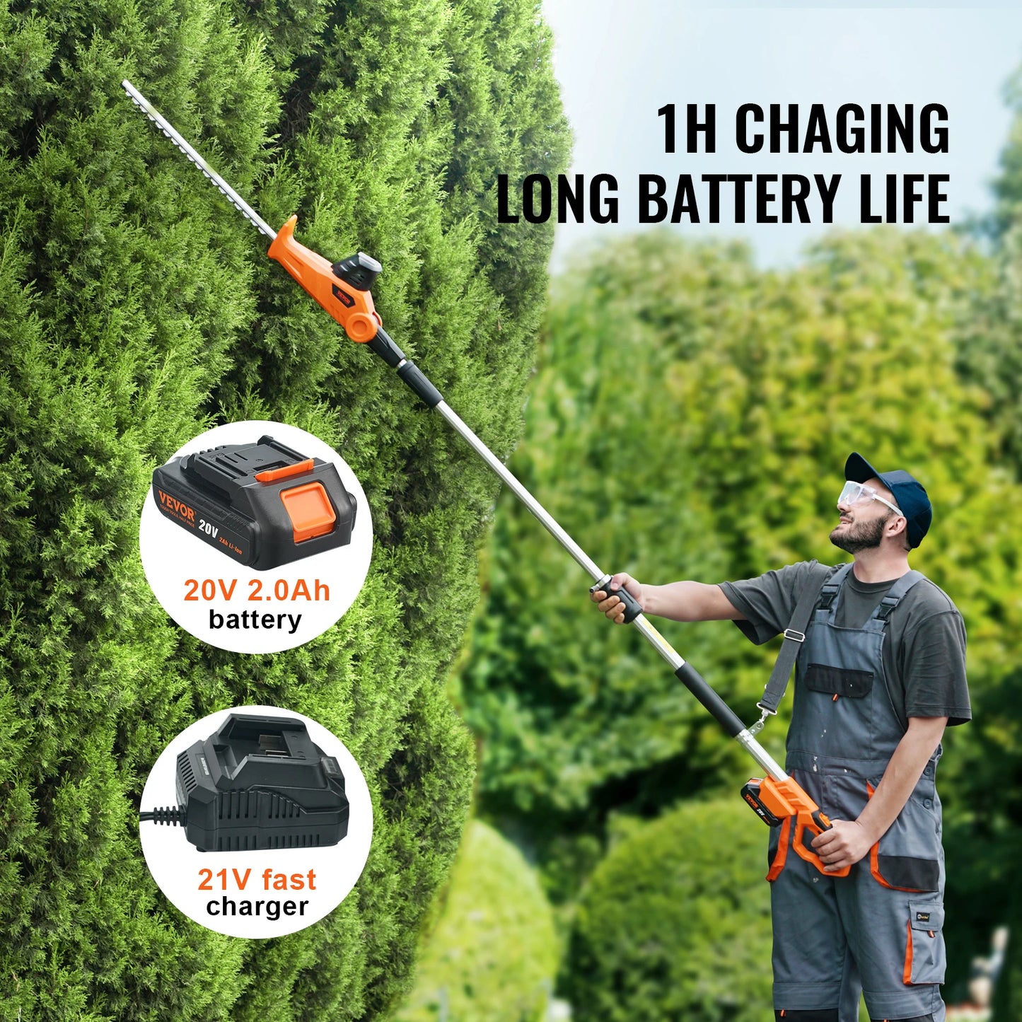Vevor - Knot Trimmer - Hedge Trimmer - 18in - Cordless Pruning Shears - Double Edged Steel Blade - Garden Tools - 74"-94" Telescopic Pole for High Branches - Orange