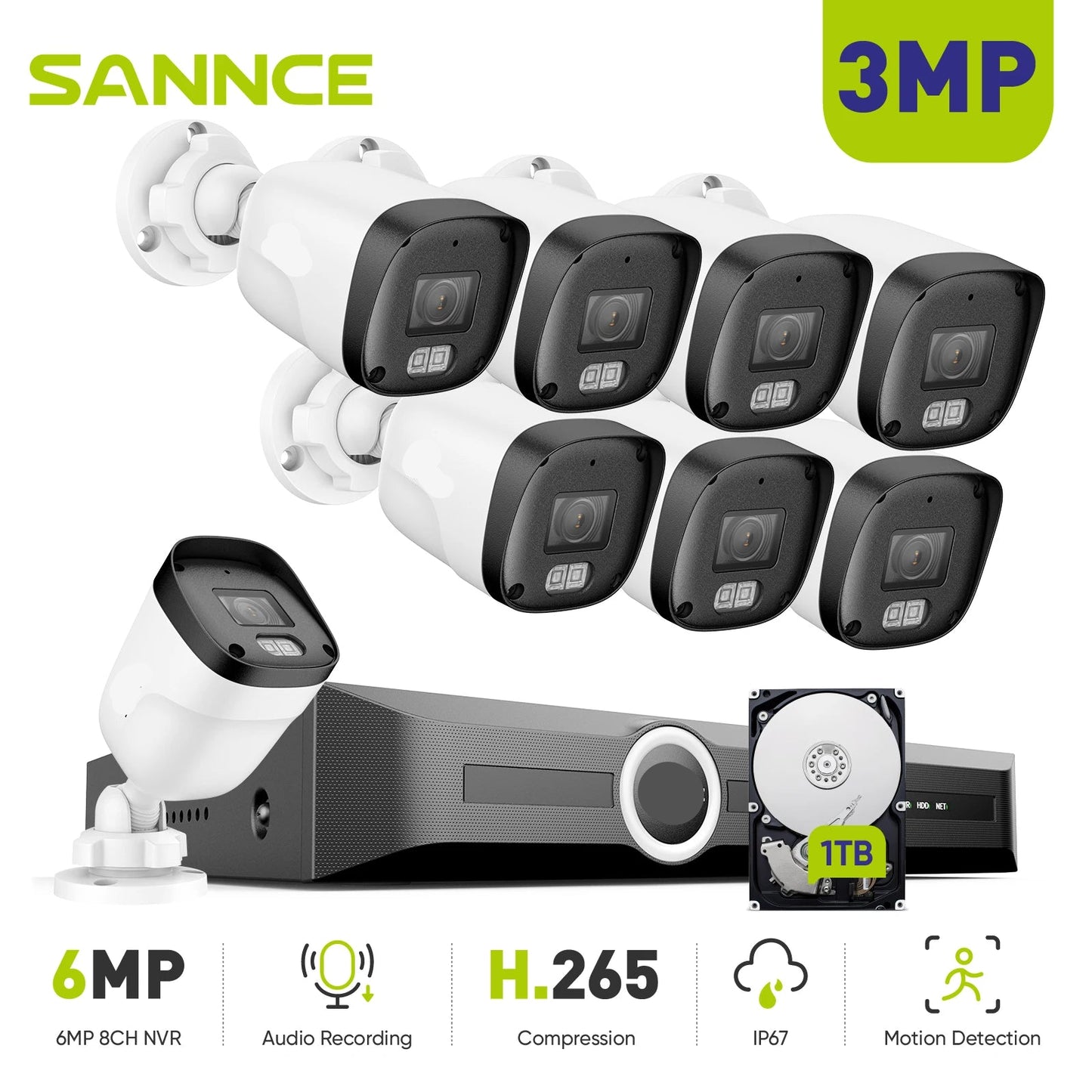 Complete 8-Kanaals IP Beveiligingsset – Beveiligingssysteem – Camerasysteem – CCTV Set – 3MP Camera’s – Nachtzicht Tot 30 Meter – PoE Recorder - Ingebouwde HDD: 1T