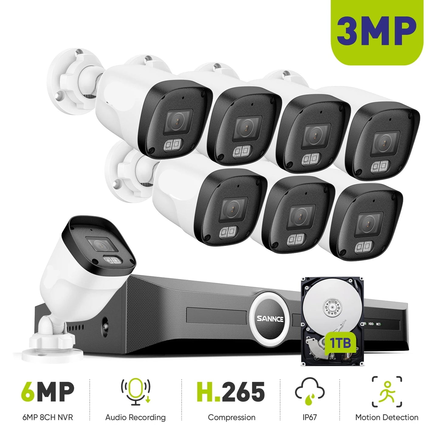 Complete 8-Kanaals IP Beveiligingsset – Beveiligingssysteem – Camerasysteem – CCTV Set – 3MP Camera’s – Nachtzicht Tot 30 Meter – PoE Recorder - Ingebouwde HDD: Geen
