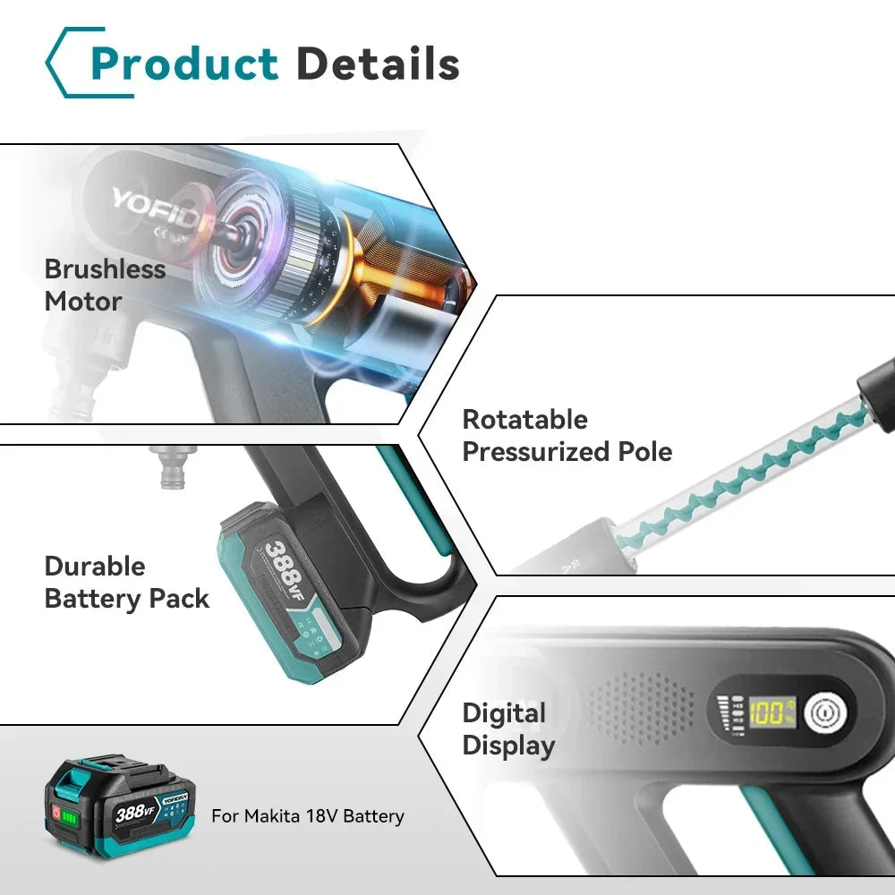 Hogedrukreiniger - Hogedrukspuit - Hogedruk Auto-Wasser - met Accu - 220Bar - Brushless Motor - Draadloze - 3 Snelheden - 5-in-1 Nozzle - 1 Batterij