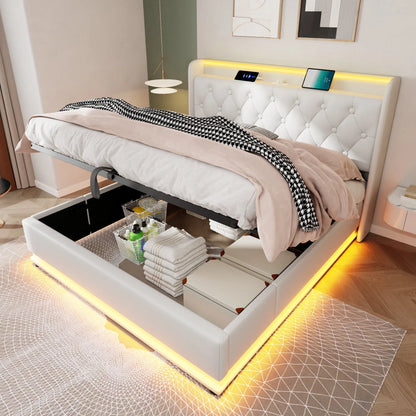 Eenpersoonsbed – Bed – Slaapbank – Opbergbed – Kinderbed – 90x200 cm – Linnen Bekleding – USB Type-C Oplaadfunctie - QUORE