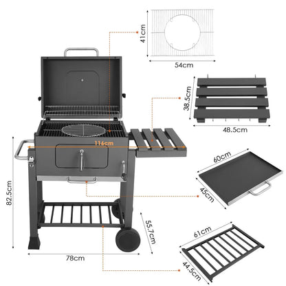 BBQ - BBQ Houtskool - Grill Trolley - Barbecue - op Wielen - 116x55,7x100 cm - XXL Houtskoolwagen - Zware Uitvoering – Met Opener, Uittrekbare Aslade, Planken en Haken – Zwart