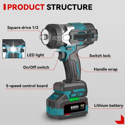 Slagmoersleutel - met Accu - Slagschroevendraaier - Brushless - Elektrische - Torque - 1800Nm - Draadloze - 1/2 Inch - 18V Batterij - Handgereedschap - 2 Accu