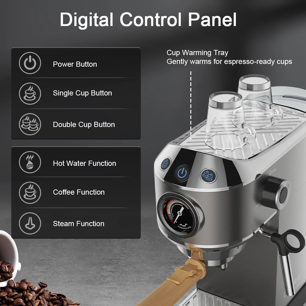 Espressomachine – 20 Bar – Compact Koffiezetapparaat - Semi-Automatisch - 1.1L  - Gemalen Koffie – RVS - Heetwaterfunctie -Voor Espresso - Cappuccino - Latte en Mocha - QUORE