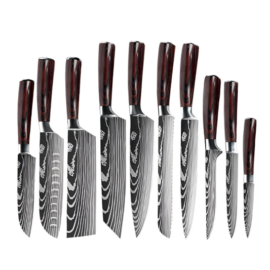 Kitchen knives - Knife set - Chef Knife - Knives - Kitchen Knife - Laser Damascus Stainless steel - Japanese Santoku - Fish cutting meat knife - 10 pieces
