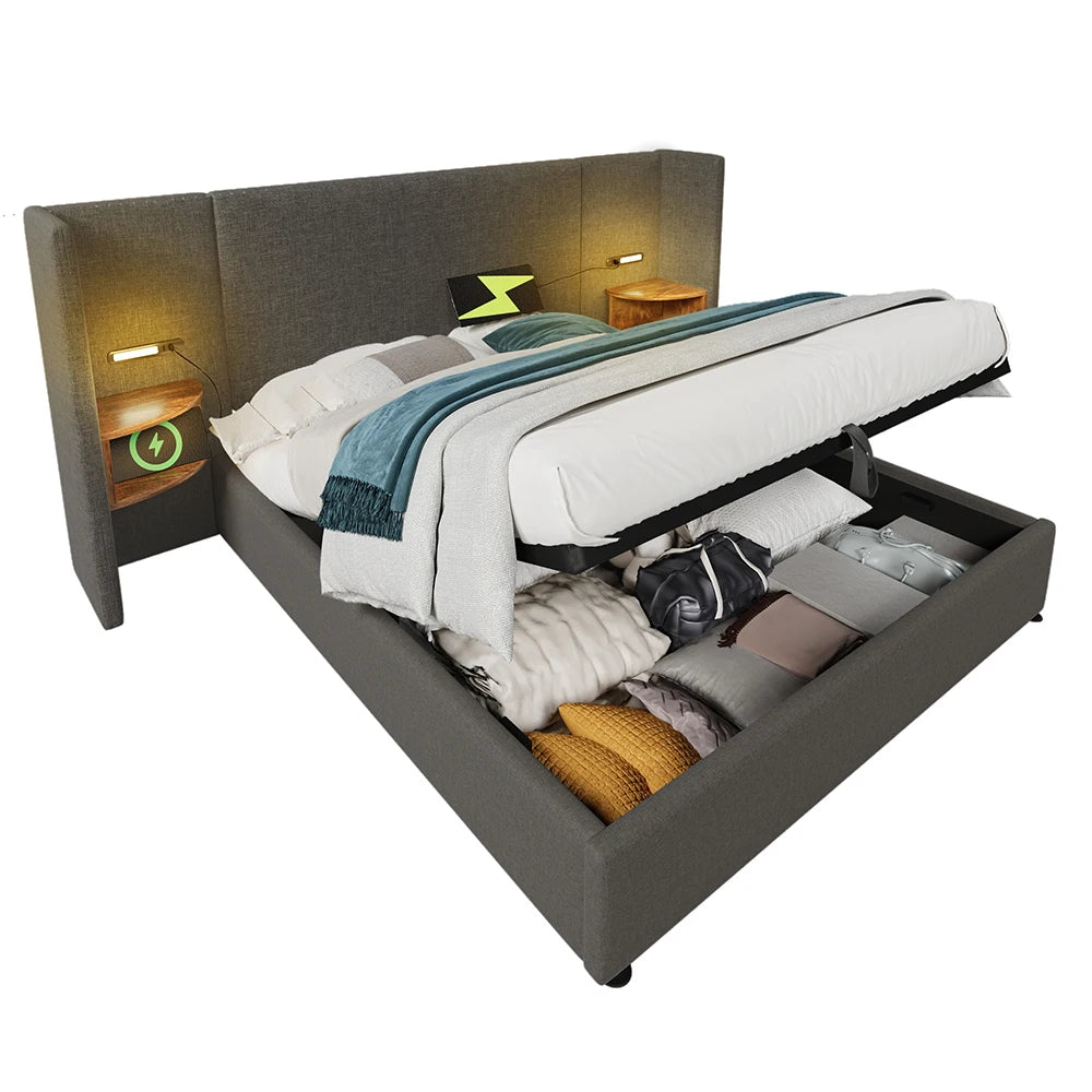 Bed met opbergruimte – Tweepersoonsbed – Gestoffeerd bed – Opbergbed – Slaapkamerbed – Linnen stof – USB C Oplaadfunctie – RGB LED-Verlichting met App - QUORE