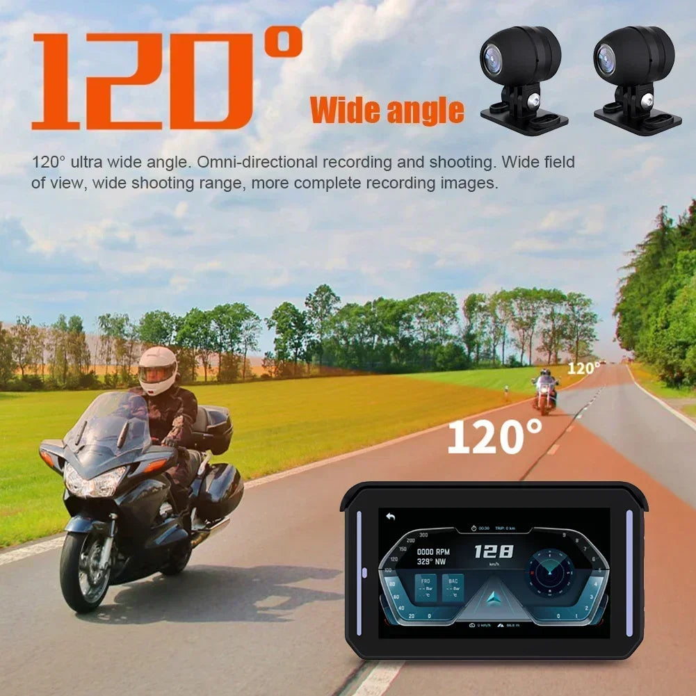 5 Inch Motorcycle GPS Navigation Wireless Carplay Android Auto Player Tire Pressure Detector Dual Cameras Recorder GPS Tracking