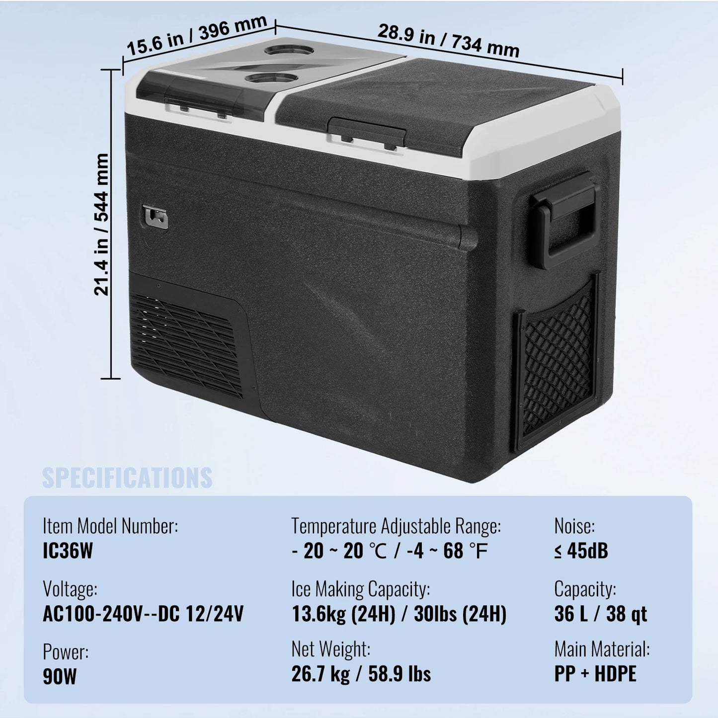 Autokoelbox – Draagbare Koelbox – Elektrische Koelbox – Frigobox – Mini Koelkast – IJsfunctie Tot 13,6 kg – Capaciteit 36 Liter