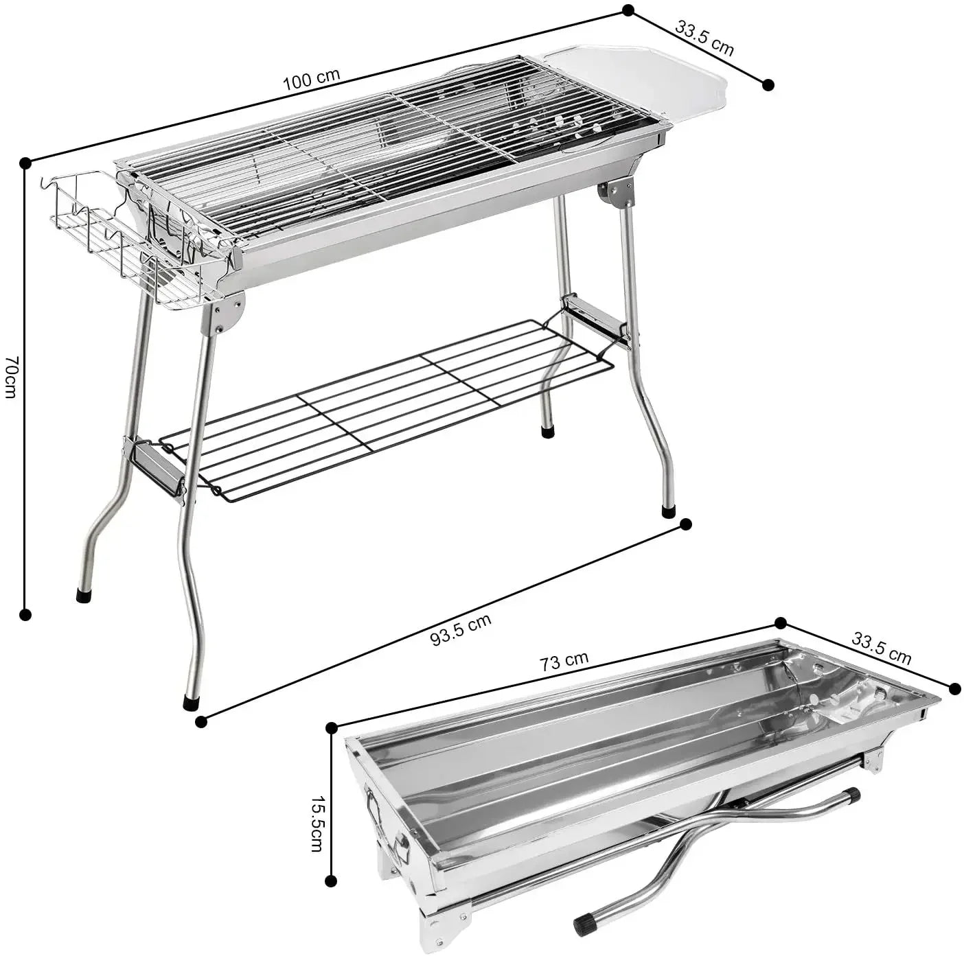 Houtskoolgrill - Barbecue - Houtskoolbarbecue - Buitenkeuken - voor 5-10 personen - Campinggrill - Inklapbaar - Opvouwbare - Draagbare - voor Camping - Tuin - Picknick - Feest - RVS - 100 x 33.5 x 70 cm - Zilver