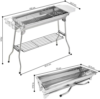 Houtskoolgrill - Barbecue - Houtskoolbarbecue - Buitenkeuken - voor 5-10 personen - Campinggrill - Inklapbaar - Opvouwbare - Draagbare - voor Camping - Tuin - Picknick - Feest - RVS - 100 x 33.5 x 70 cm - Zilver