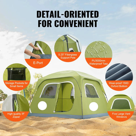 Tent - Strandtent - Kampeertent - 10 x 9 x 6.5 ft - voor 6 Personen - Waterdicht - Lichtgewicht - Backpacking Tent - Gemakkelijk Opzetten - met Deur en Raam - Groen