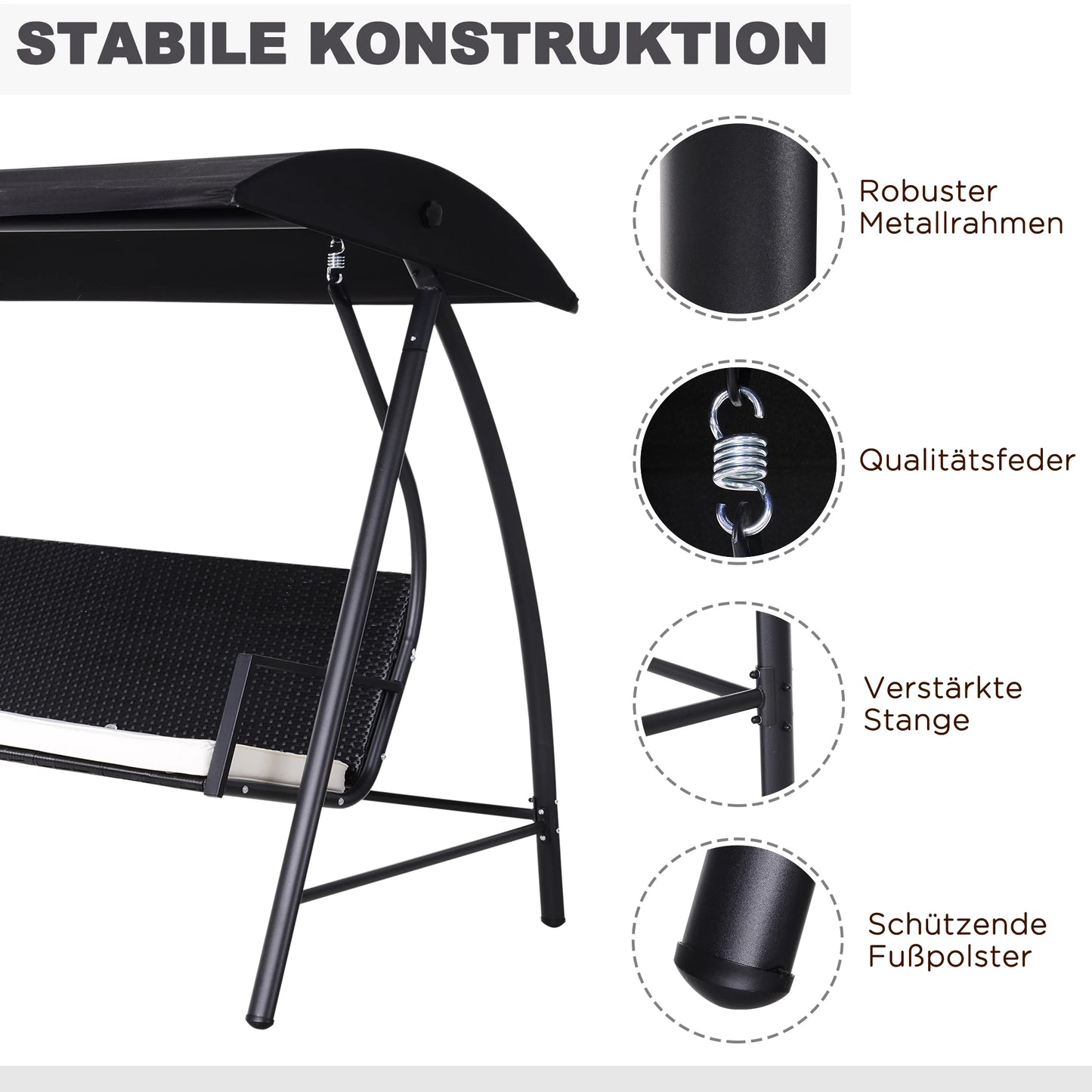 Driezits Tuin Schommel – Grote Tuinschommel – Buitenbank – Tuin Meubel – Gepoedercoat Metaal – Verstelbaar Zonnescherm – Weerbestendig Rattan
