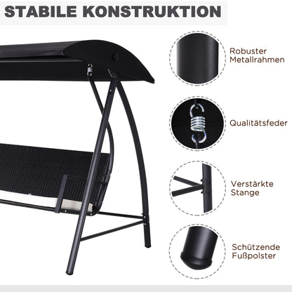 Driezits Tuin Schommel – Grote Tuinschommel – Buitenbank – Tuin Meubel – Gepoedercoat Metaal – Verstelbaar Zonnescherm – Weerbestendig Rattan