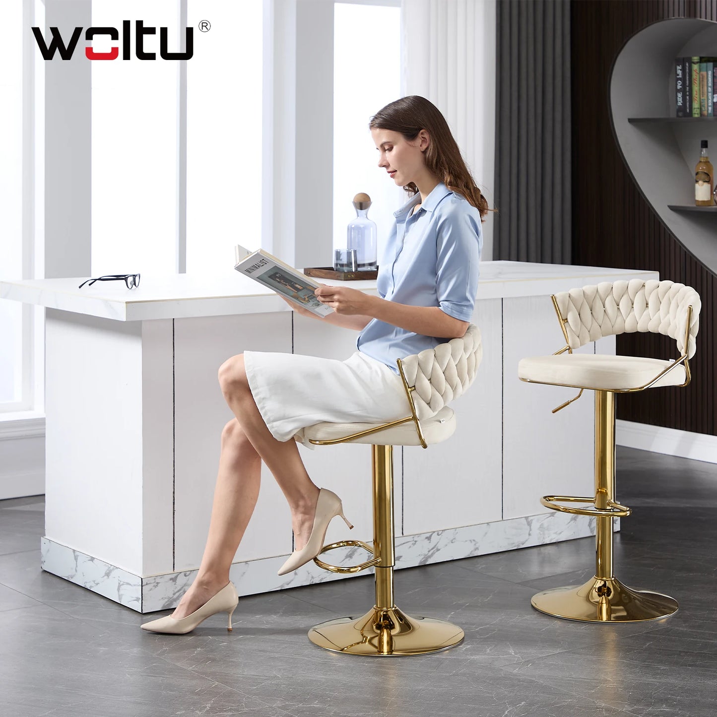 WOLTU 2PCS Bar Stools Height-Adjustable Bar Chair with Velvet Backrest Counter Stool 360° Rotatable Bistro Stools for Kitchen