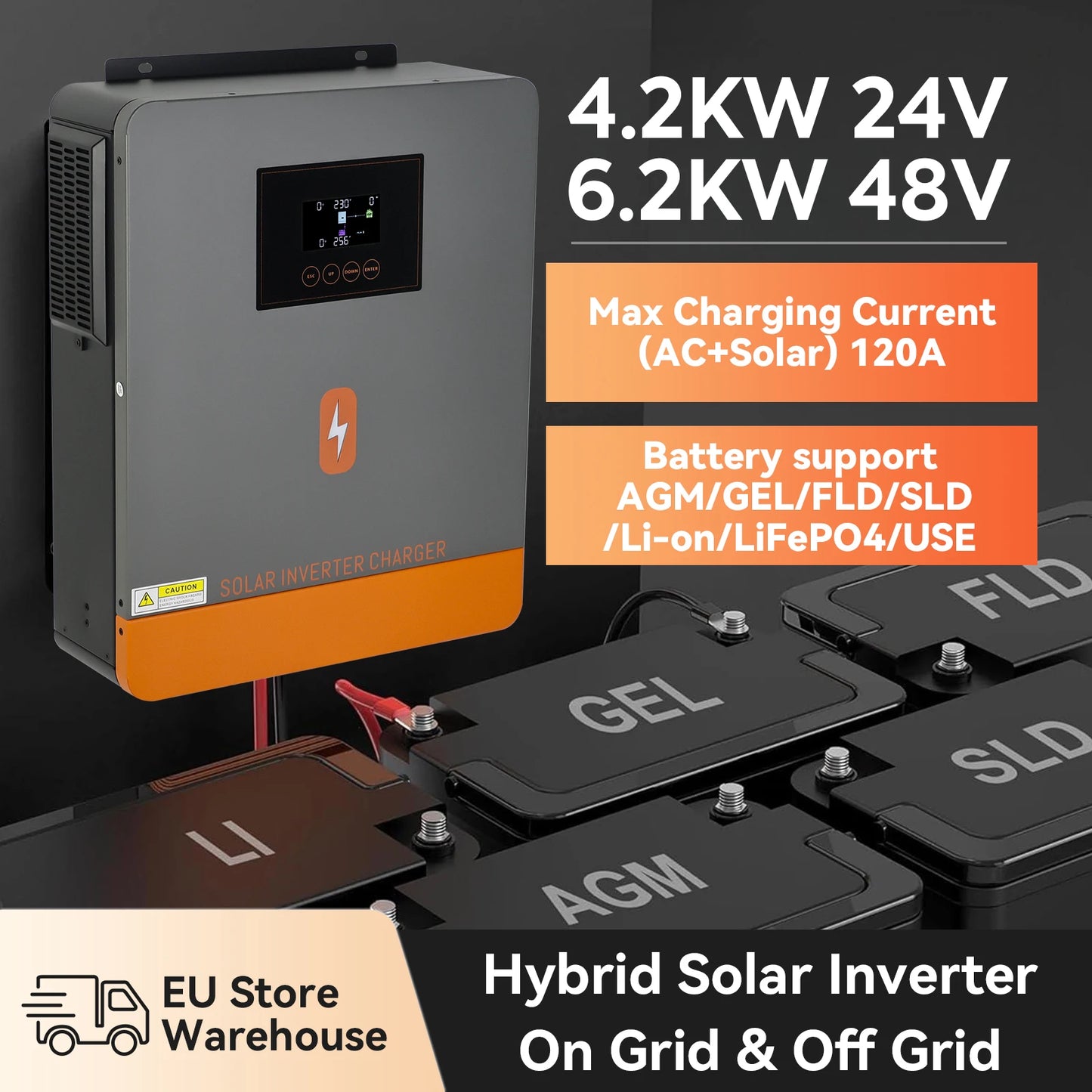 PowMr 48V 6.2KW 24V 4.2KW Hybrid Solar Inverter Grid Tie MPPT 120A On Grid Off Grid Inverter