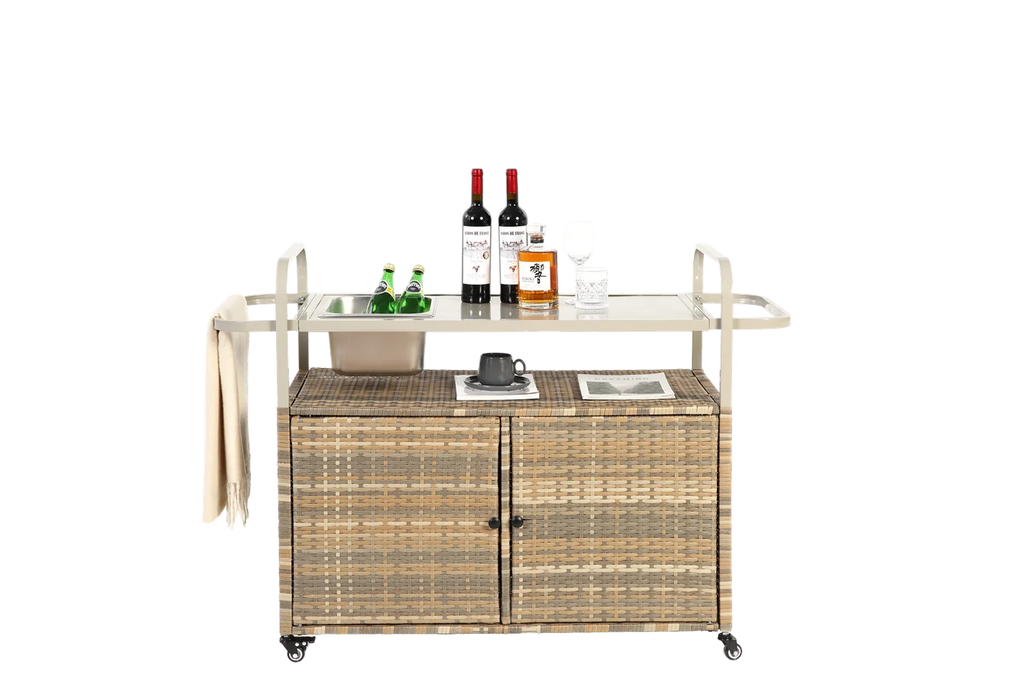 Outdoor Barwagen – Buitentrolley – Servierwagen – Tuinwagen – Bistrowagen – Gepoedercoat Staal – 360° Draaibare Wielen - QUORE