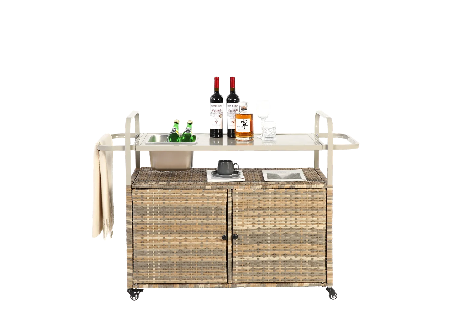 Outdoor Barwagen – Buitentrolley – Servierwagen – Tuinwagen – Bistrowagen – Gepoedercoat Staal – 360° Draaibare Wielen - QUORE