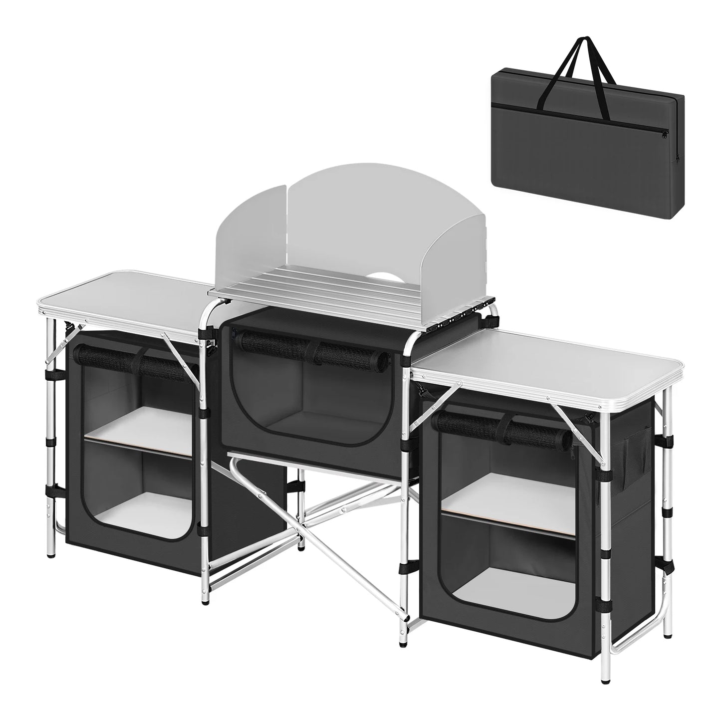 Campingkast - Campingkeuken - Campingkast Opvouwbaar - Kampeerkast - met Werkbladen - Aluminium Reiskeuken - Met Opbergruimte en Draagtas - voor Buiten, Tuin en BBQ – Donkergrijs