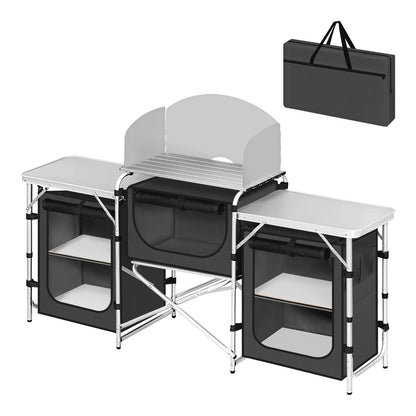 Campingkast - Campingkeuken - Campingkast Opvouwbaar - Kampeerkast - met Werkbladen - Aluminium Reiskeuken - Met Opbergruimte en Draagtas - voor Buiten, Tuin en BBQ – Donkergrijs