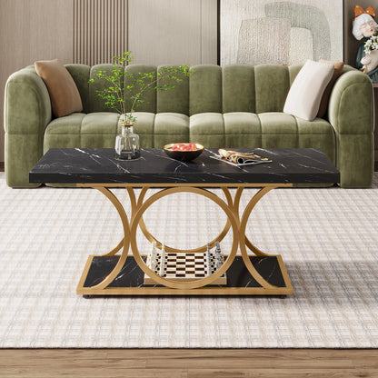 Salontafel – Woonkamertafel – Tafel – 2-laags – Marmeren Look – Gouden Metalen Frame – Krasbestendig Melamine