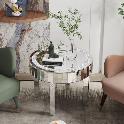 Ronde Bijzettafel - Ronde Salontafel - Tafel - Spiegeldesign - Zilveren Glazen - Luxe Afwerking - Kristallen Pootjes - Woonkamer - Slaapkamer - Zilver