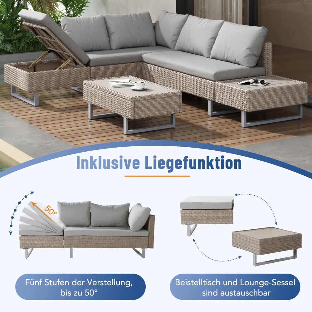 Loungebank – Tuinbank – Loungeset – Buitenbank – Tuinmeubel – UV-bestendig PE-Rattan – Verstelbare Rugleuning - Khaki