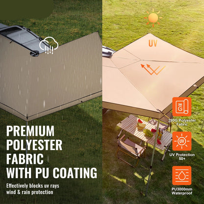270° Luifel - Uitschuifbare - Autozijluifel - Waterdichte Dakluifel - voor SUV - Camper en Truck - 280G Polyester Stof - met PU3000mm Coating - 4.6x6.6ft - QUORE