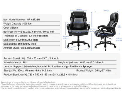 Ergonomische Bureaustoel - Executive Stoel - Gamingstoel - Kantoorstoel - Stoelen - 400 lbs - Verstelbare Lendensteun - Hoog Rugpand - Luxe PU Lederen - Extra Dikke Zitting - Voor Thuiswerk - Kantoor - Zwart