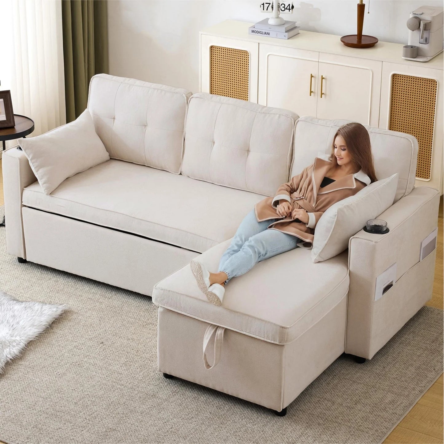 L-vormige Slaapbank – Hoekbank – Bedbank – Slaapbank Met Opbergruimte – 211x130 Cm – Katoen-Linnen Stof – Houten Basis