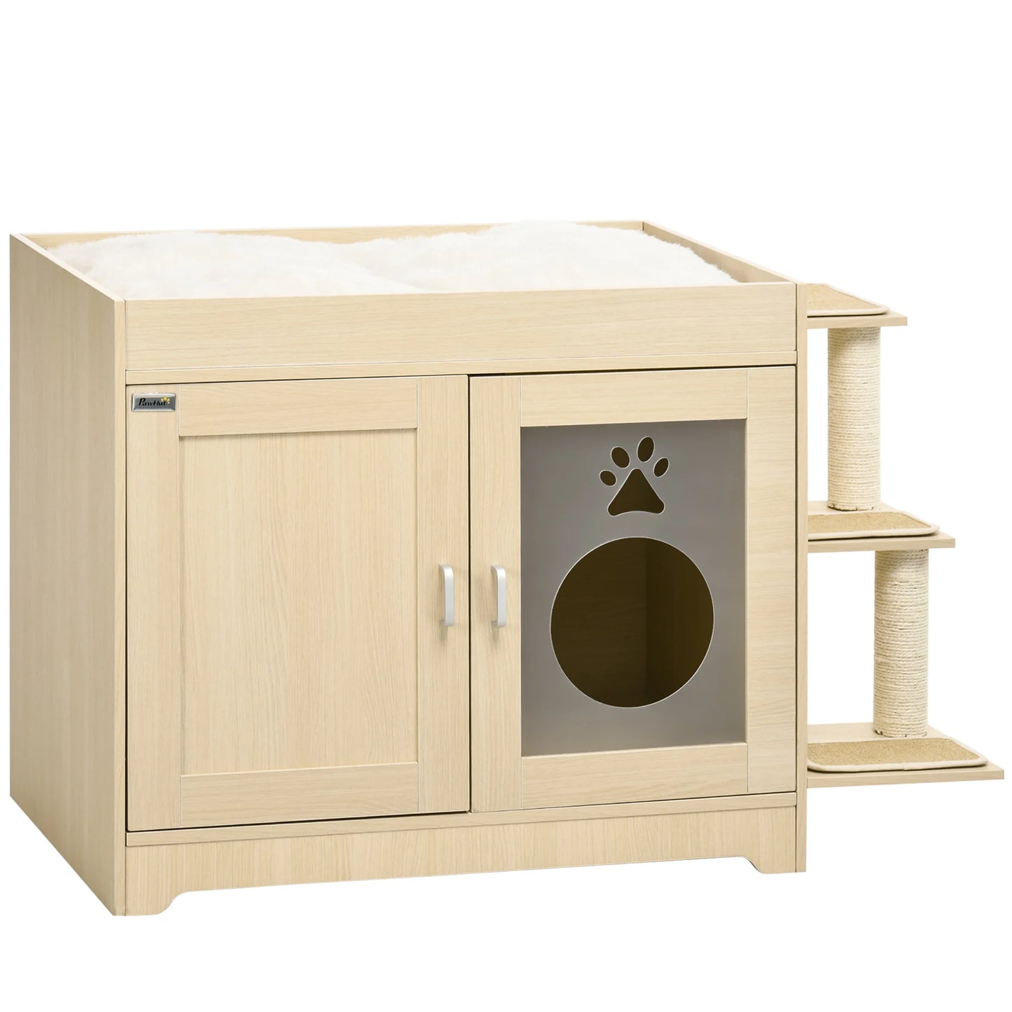 Kattenbakhuisje – Kattenbak Kast – Kattenhuis – Kattenmeubel – Kattenbak Omsluiting – Luxe Pluche Bekleding – Afmetingen 107x54x70 cm - Eik